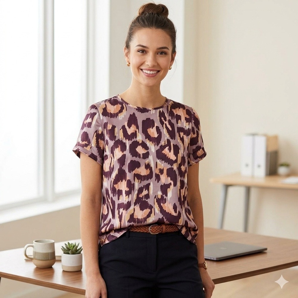 DR2 Leopard Print Short Sleeve Keyhole Neck Top Women's XS New